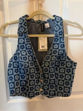 H&M Blue Floral Denim Vest SMALL Brand New With Tags!